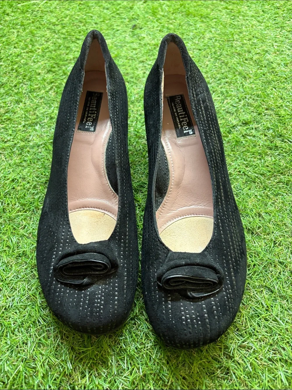 BeautiFeel Black Suede Flats with Rosette Accent